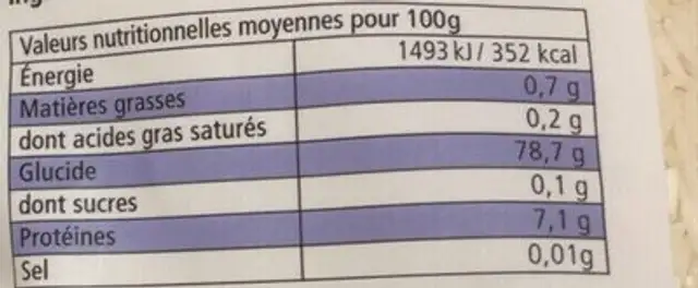 Riz long basmati nutrition facts table