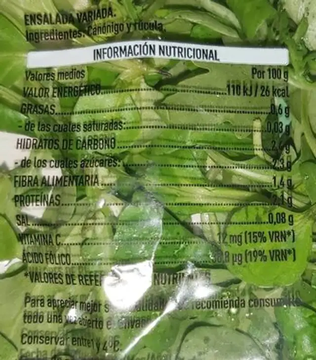 Mezcla de canónigos y rúcula nutrition facts table