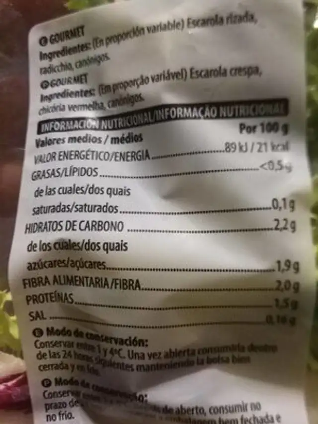 Ensalada gourmet nutrition facts table