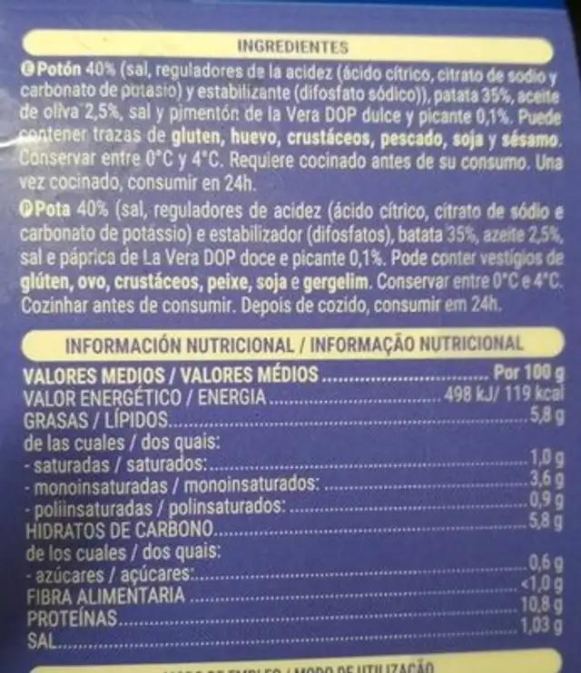 Potón a la gallega nutrition facts table