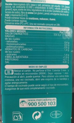 Bacalao con salsa de piquillo nutrition facts table