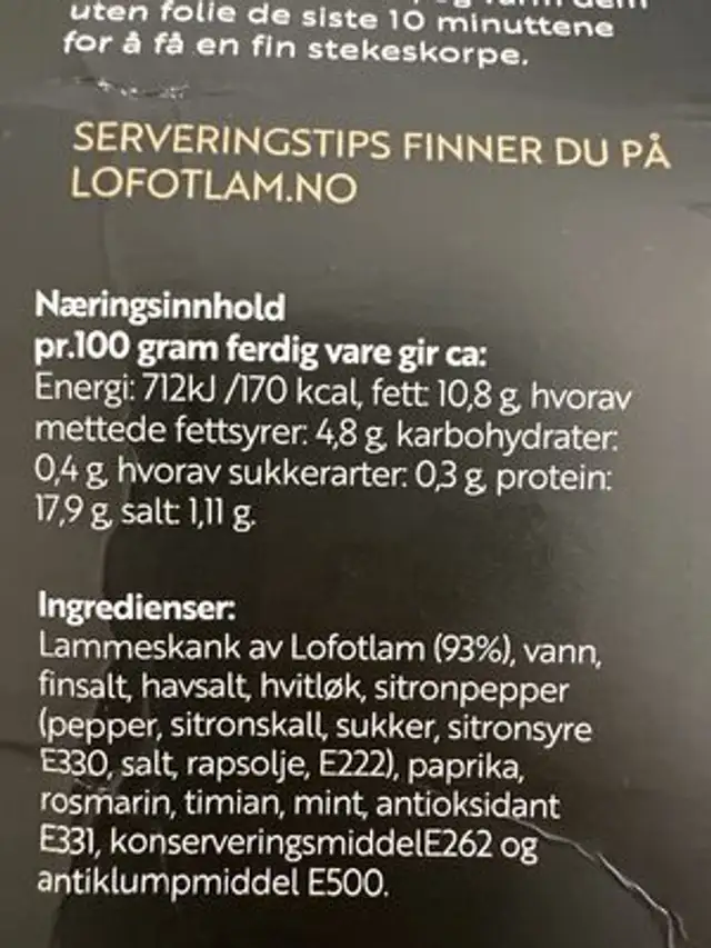 Lammeskank nutrition facts table