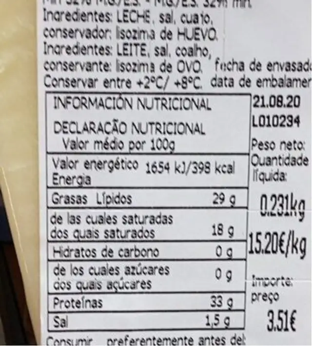 Queso grana padano nutrition facts table
