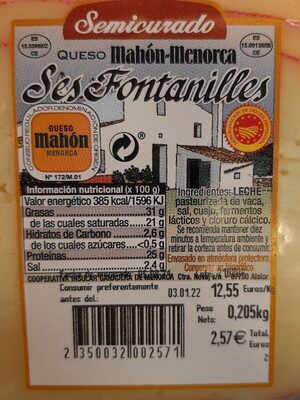 Queso semi curado mahones nutrition facts table