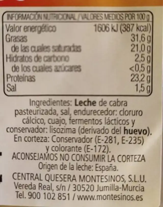 Queso de cabra semicurado nutrition facts table