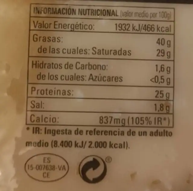 Oveja añejo nutrition facts table