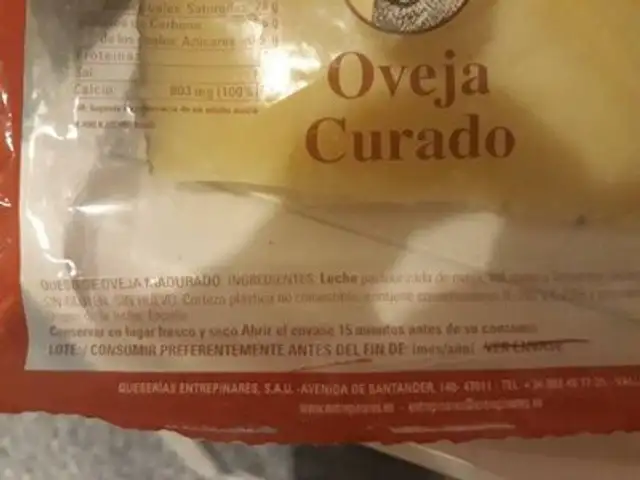 Oveja curado Entrepinares ingredients label