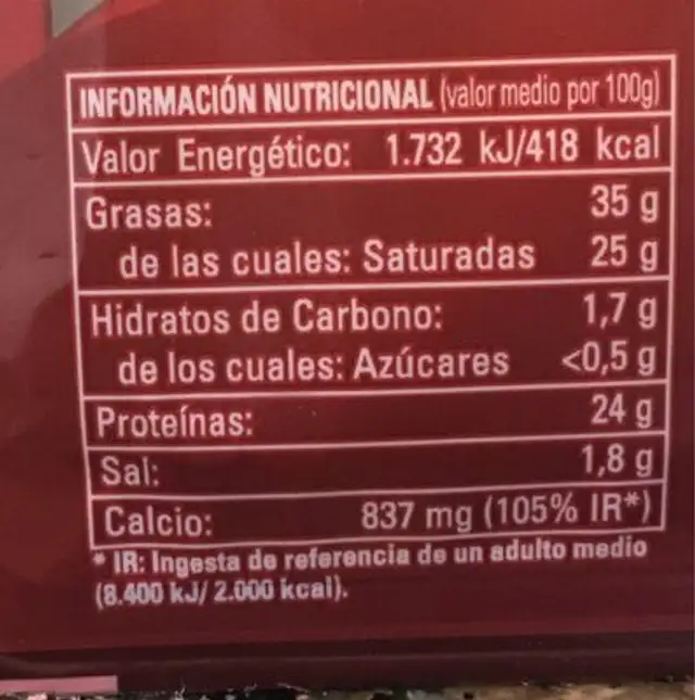 Queso curado cortado a cuñas nutrition facts table