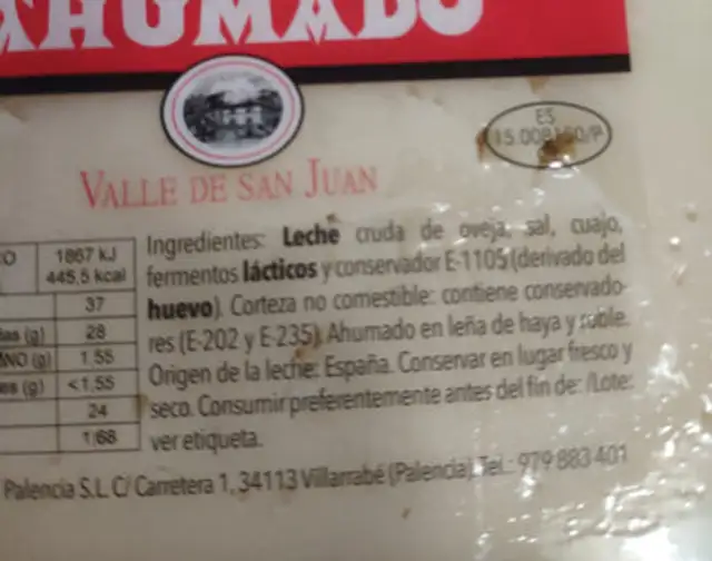 Queso de Oveja Ahumado ingredients label