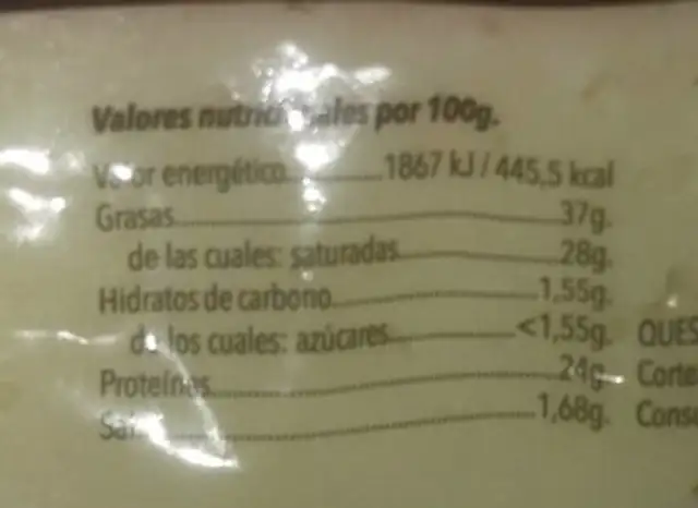 Queso de Oveja Ahumado nutrition facts table