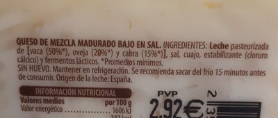 Queso tierno bajo en sal ingredients label