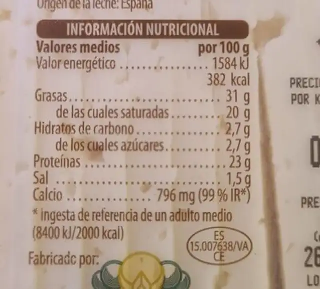 Queso tierno nutrition facts table