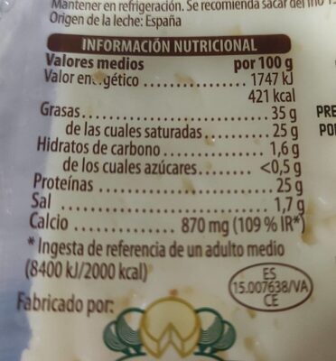 Cuña Queso Semicurado nutrition facts table
