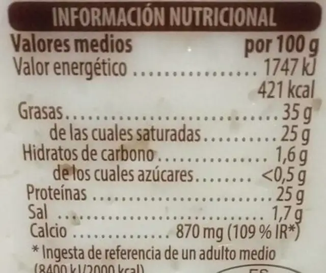 QUESO SEMI CURADO nutrition facts table