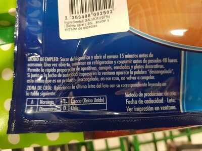Salmón ahumado ingredients label