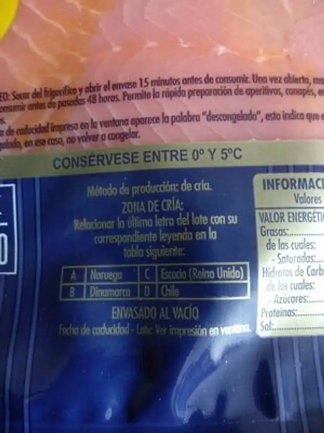 Salmon ahumado ingredients label