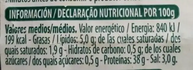 Caña de Lomo nutrition facts table