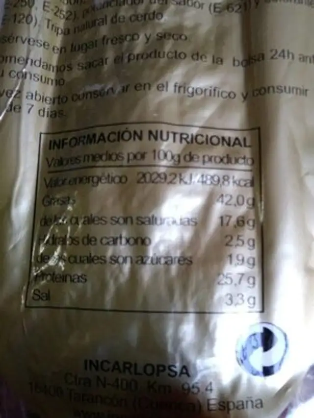 Salchichón curado Ibérico extra nutrition facts table