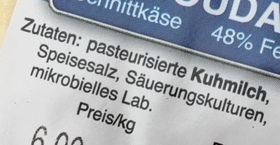 Gouda ingredients label