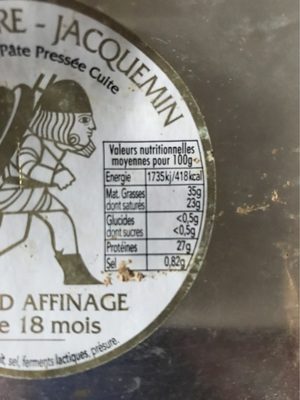 Comte 18 mois nutrition facts table