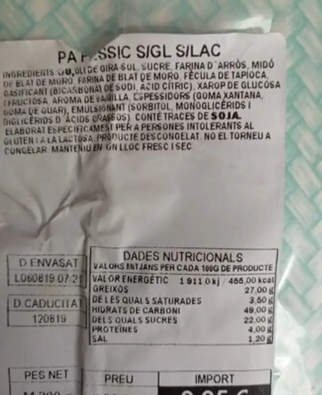 Pa pessic S/GL S/LAC nutrition facts table