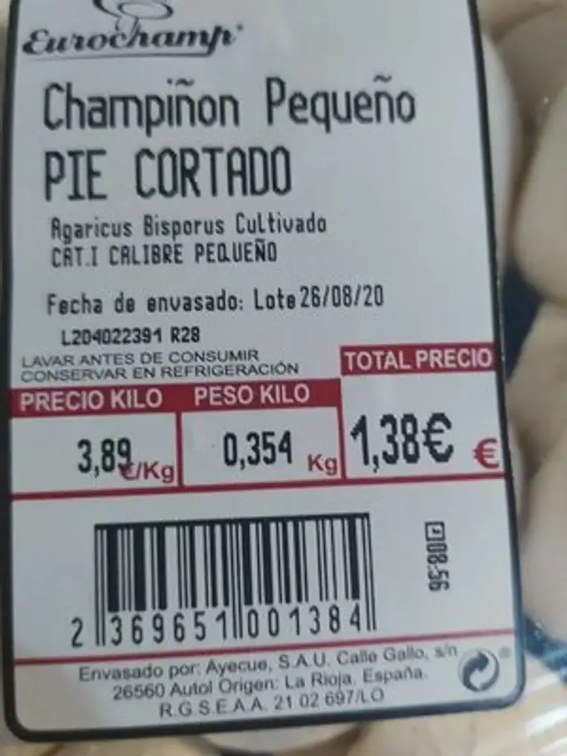 Champiñon nutrition facts table