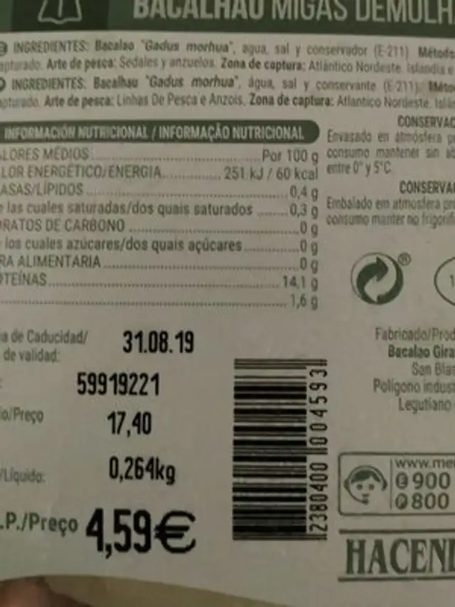 Bacalao migas desaladas nutrition facts table
