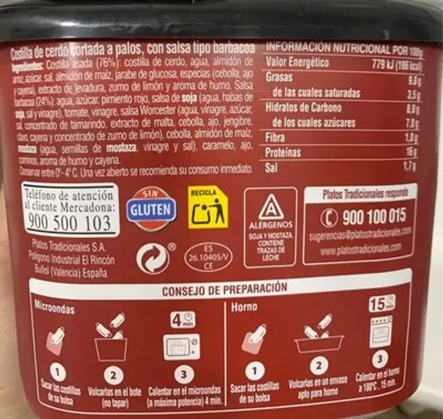 Costillas barbacoa cortadas nutrition facts table