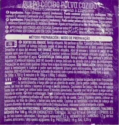 Pulpo cocido nutrition facts table