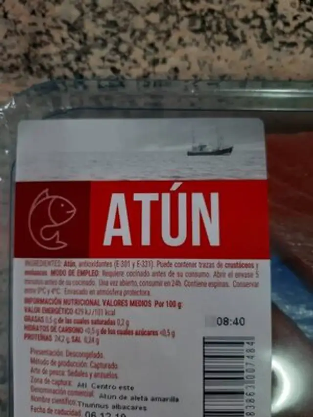 Atún ingredients label