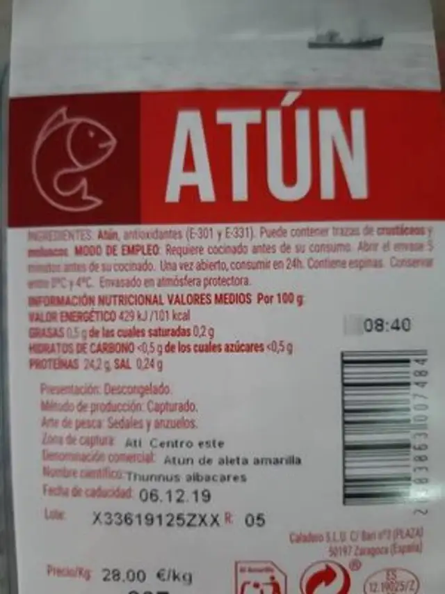 Atún nutrition facts table
