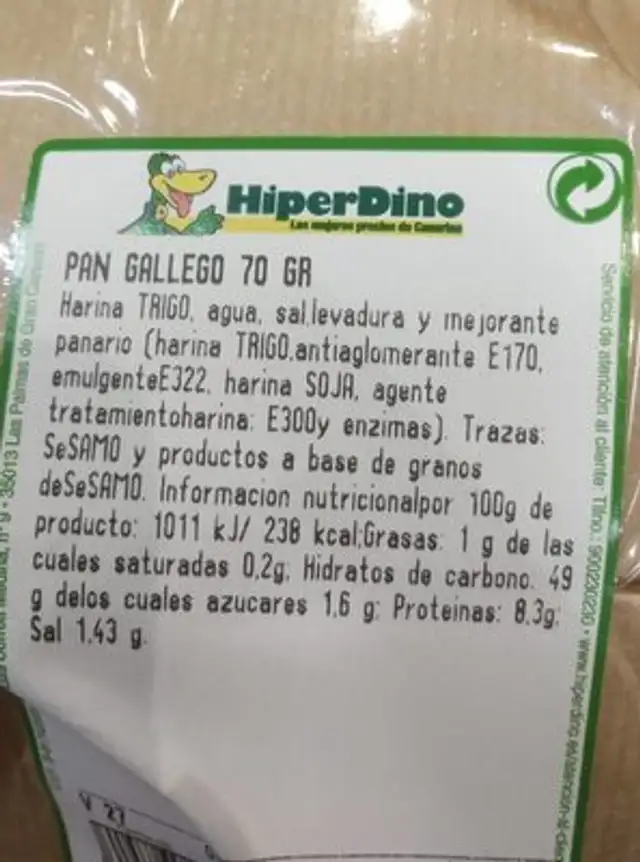 Pan gallego nutrition facts table