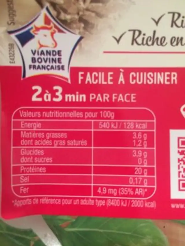 Foie de boeuf nutrition facts table