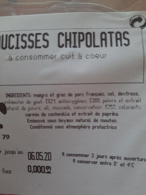 Saucisses chipolatas ingredients label