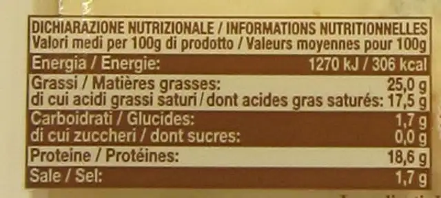 Gorgonzola AOP nutrition facts table