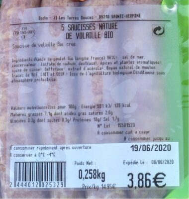 Volaille fermiere bio nutrition facts table
