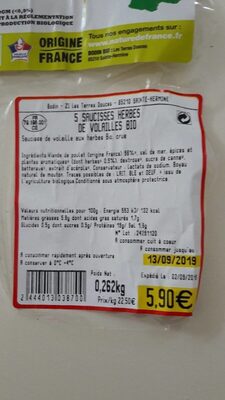 Saucisses herbes de volailles bio nutrition facts table