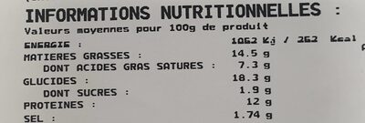 Tourte Vigneronne 1,2kg nutrition facts table