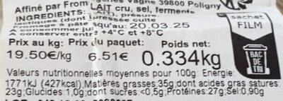 Comté AOP au lait cru (6 mois) nutrition facts table