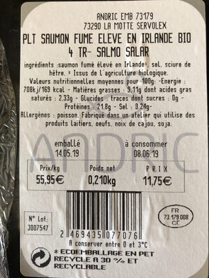 Saumon fumé biologique ingredients label