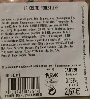 La crème forestière nutrition facts table