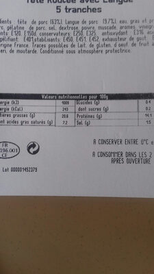 tête roulée avec langue ingredients label