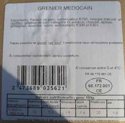 GRENIER MEDOCAIN ingredients label