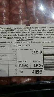 Saucisse fine au canard ingredients label