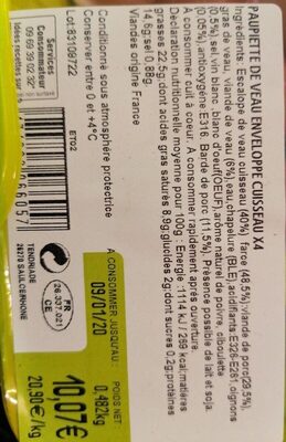 Paupiettes de veau qualité supérieure nutrition facts table