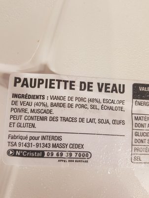 Paupiette de veau ingredients label