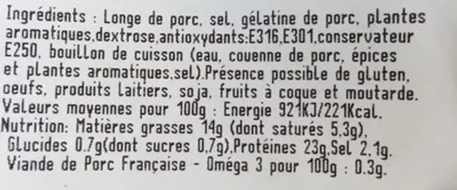 Rôti de porc cuit ingredients label
