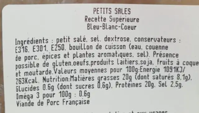 Petits salés ingredients label
