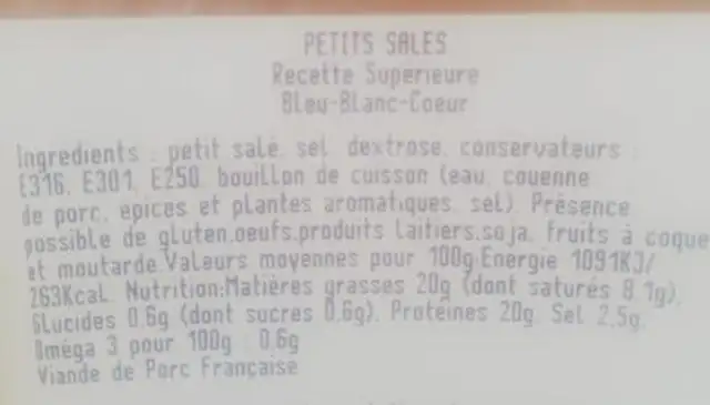 Petits salés nutrition facts table