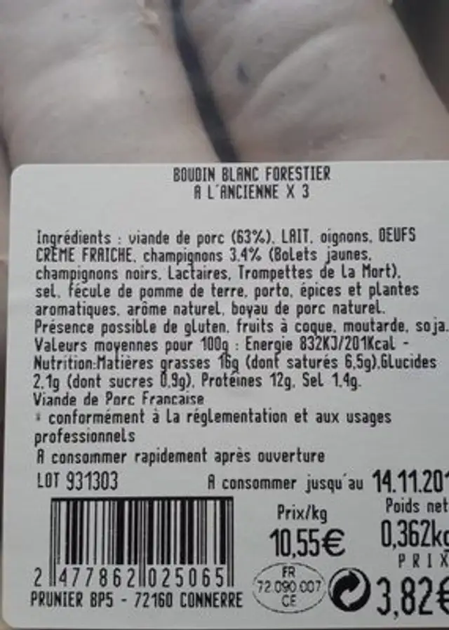 Boudin blanc ingredients label